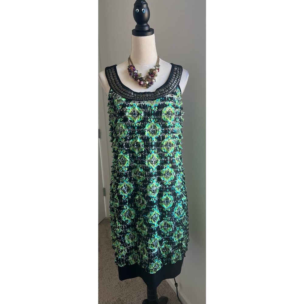 CATO Woman's‎ Green Black Shift Embellished Neckline Sleeveless Fringe Dress XL